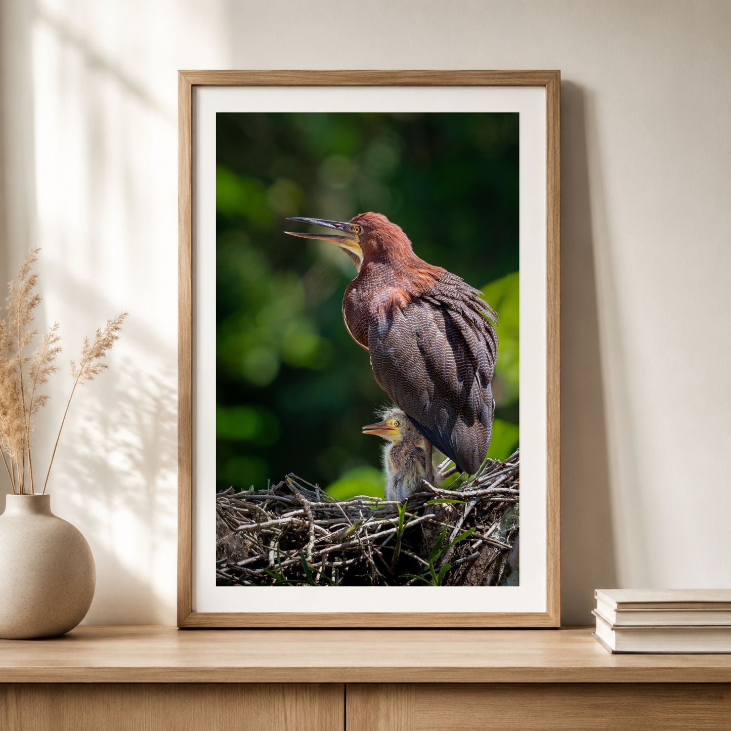 Framed vertical bare-throated tiger-heron and chick photography print in a natural wood frame with white mat, displayed on a light wood console with neutral decor