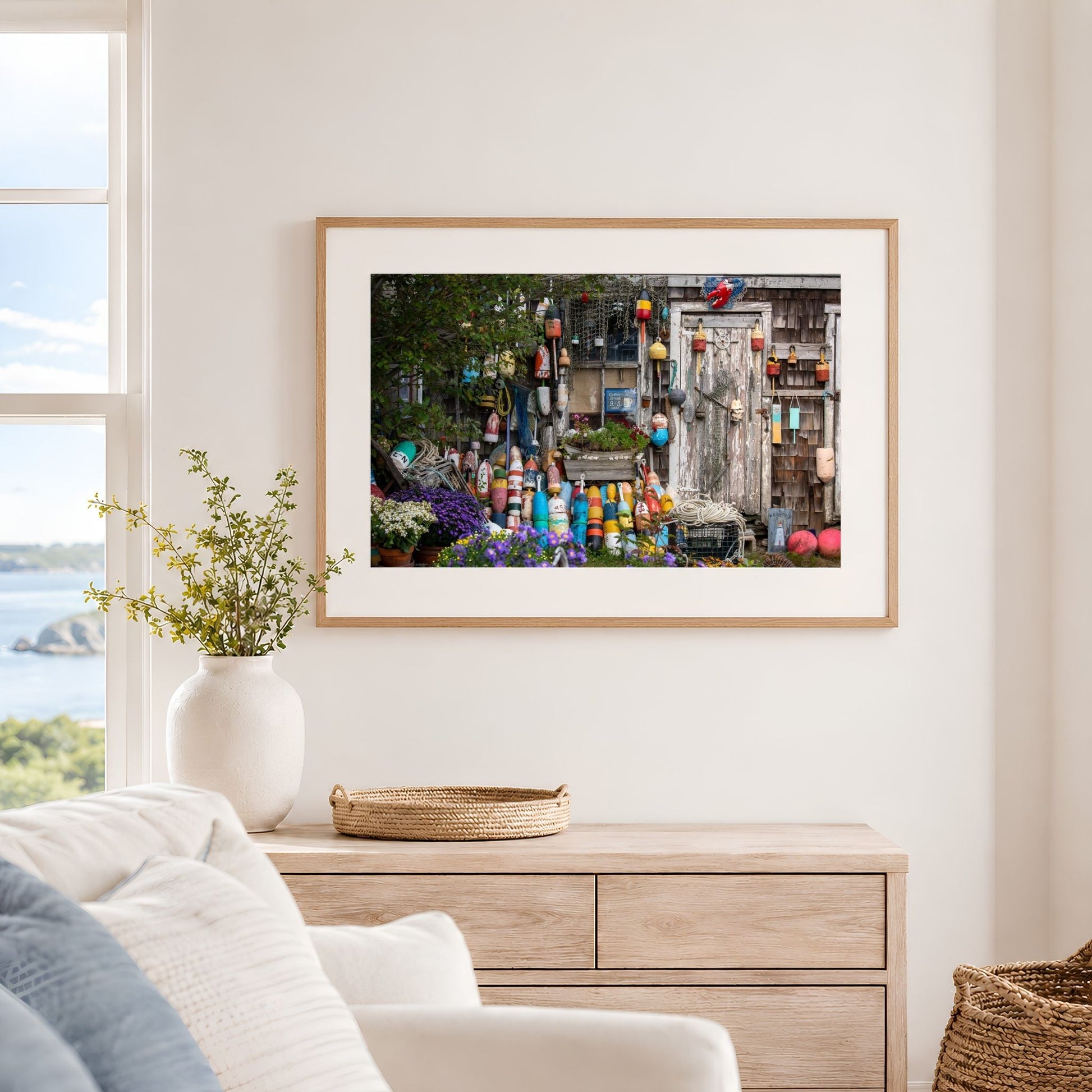 Framed Bearskin Neck Fishing Shack photography print with colorful lobster buoys, ropes, flowers, and coastal cottage wall decor