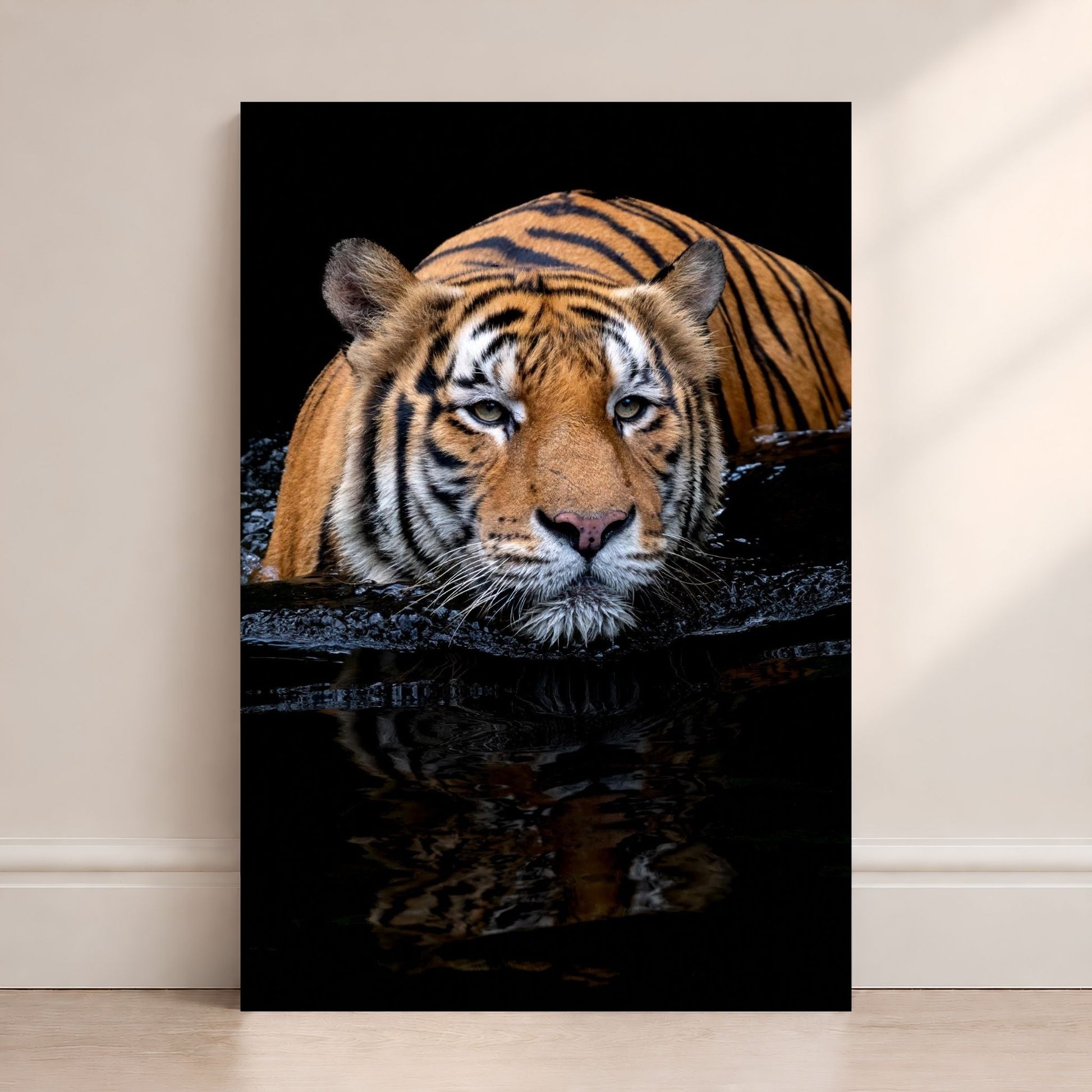 Bengal tiger resting in dark water with its face reflected below, set against a dramatic black background