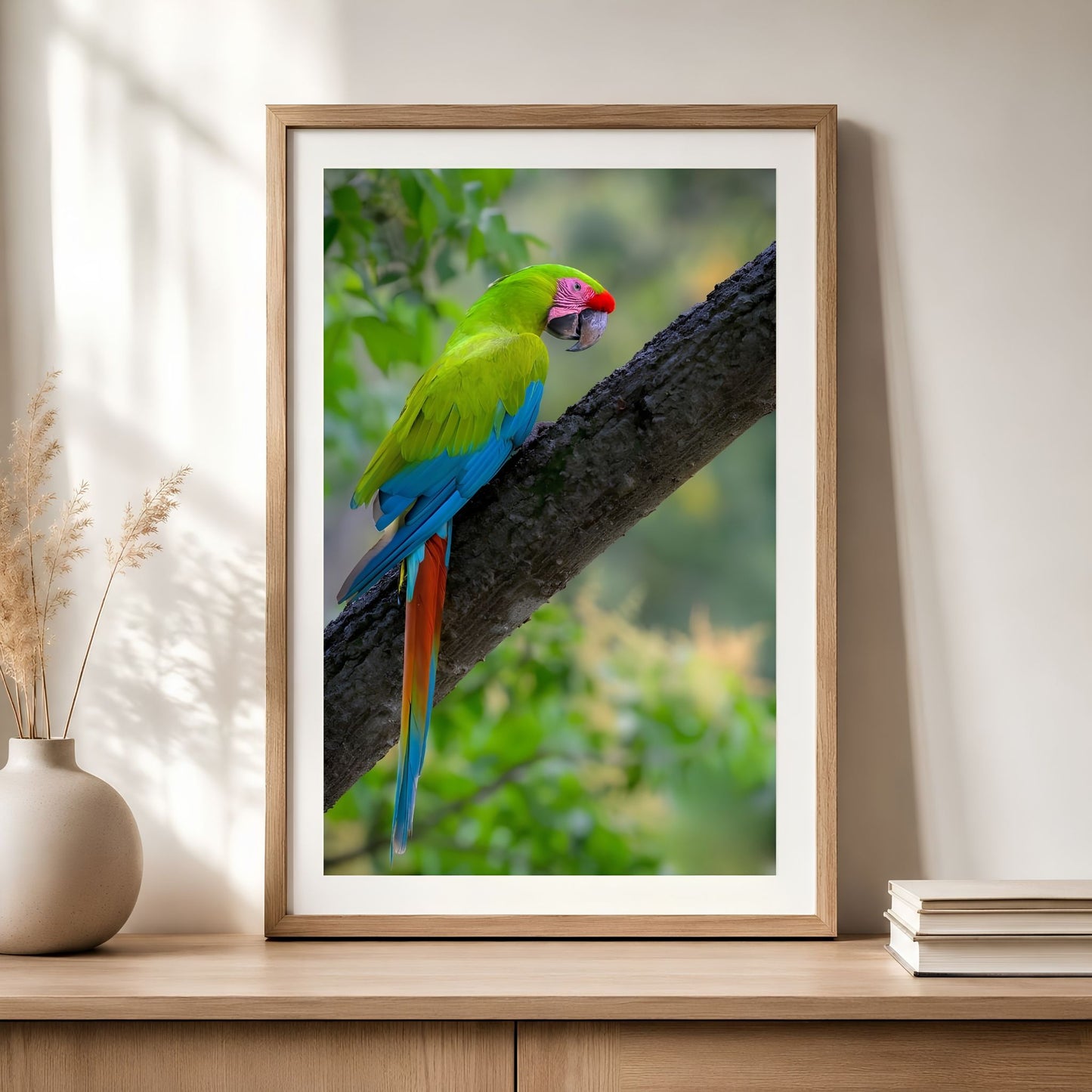 Framed photograph of a colorful parrot on a branch with a vase and books in the background.