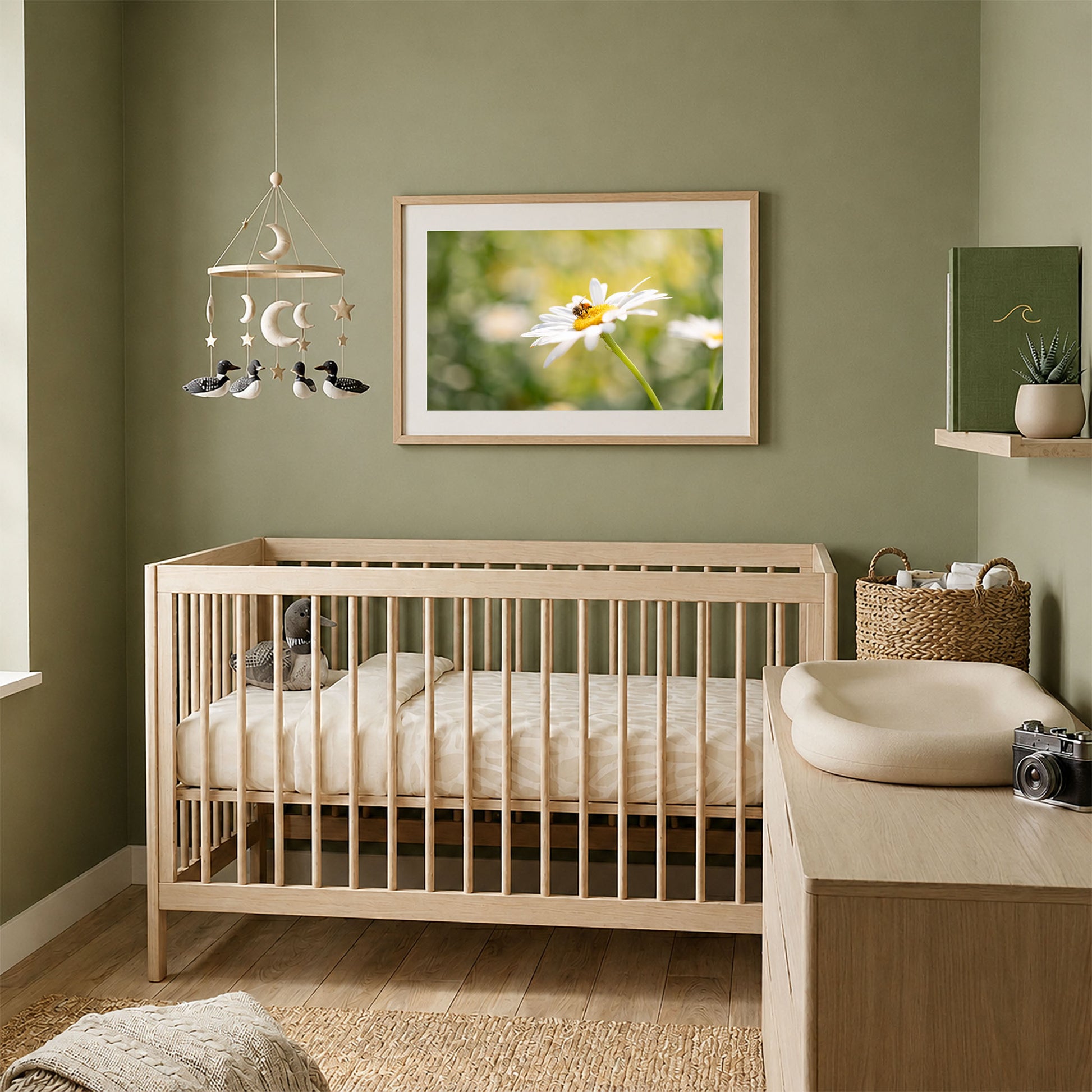 Framed honeybee on daisy photography print in a natural wood frame, displayed above a light wood crib in a soft green nursery with neutral decor