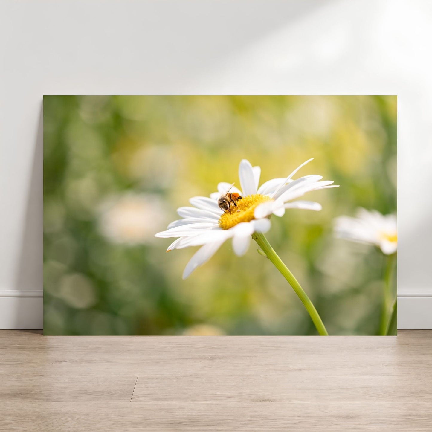 Floral painting with a bee on a flower against a blurred green background