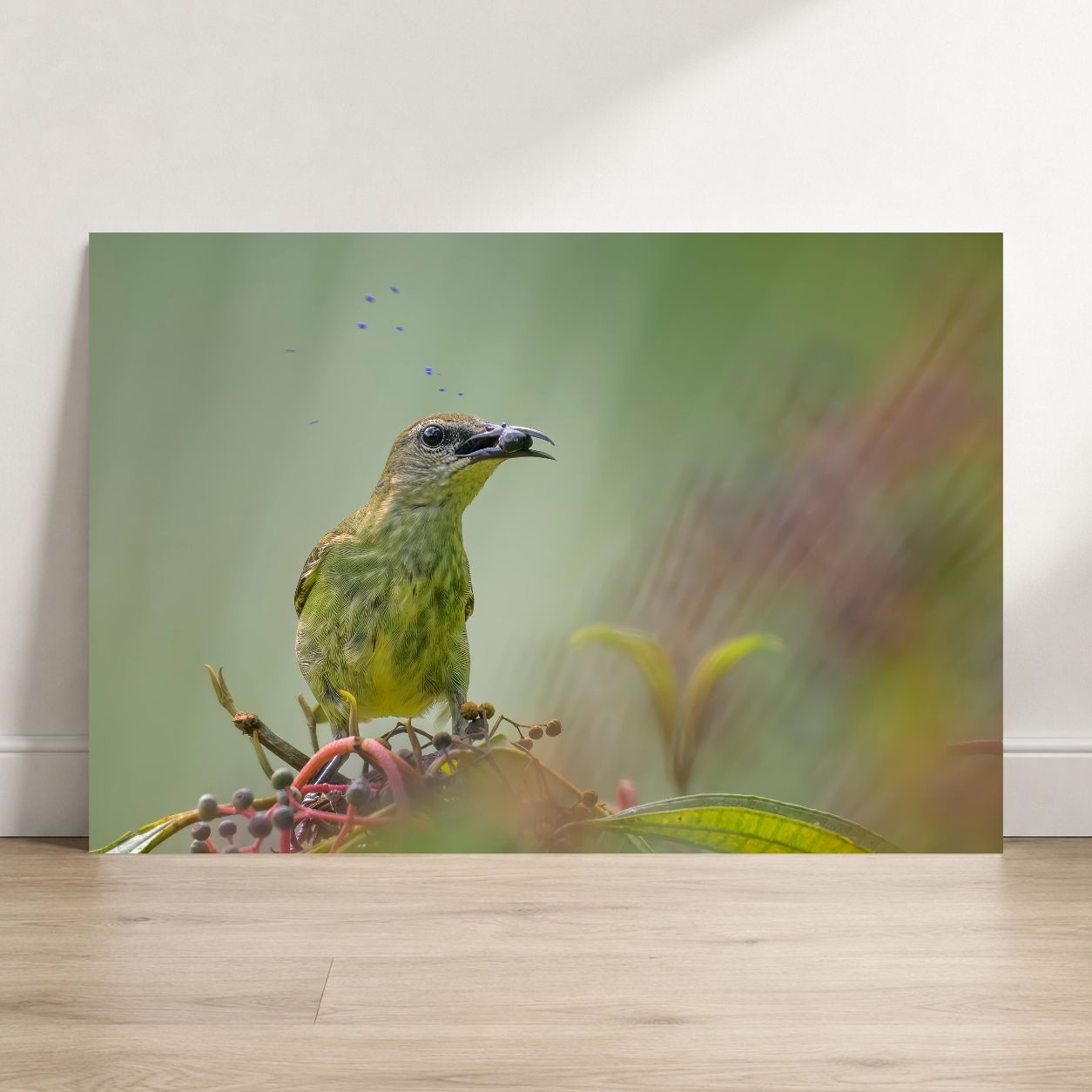 Bird perched on a branch with a blurred natural background