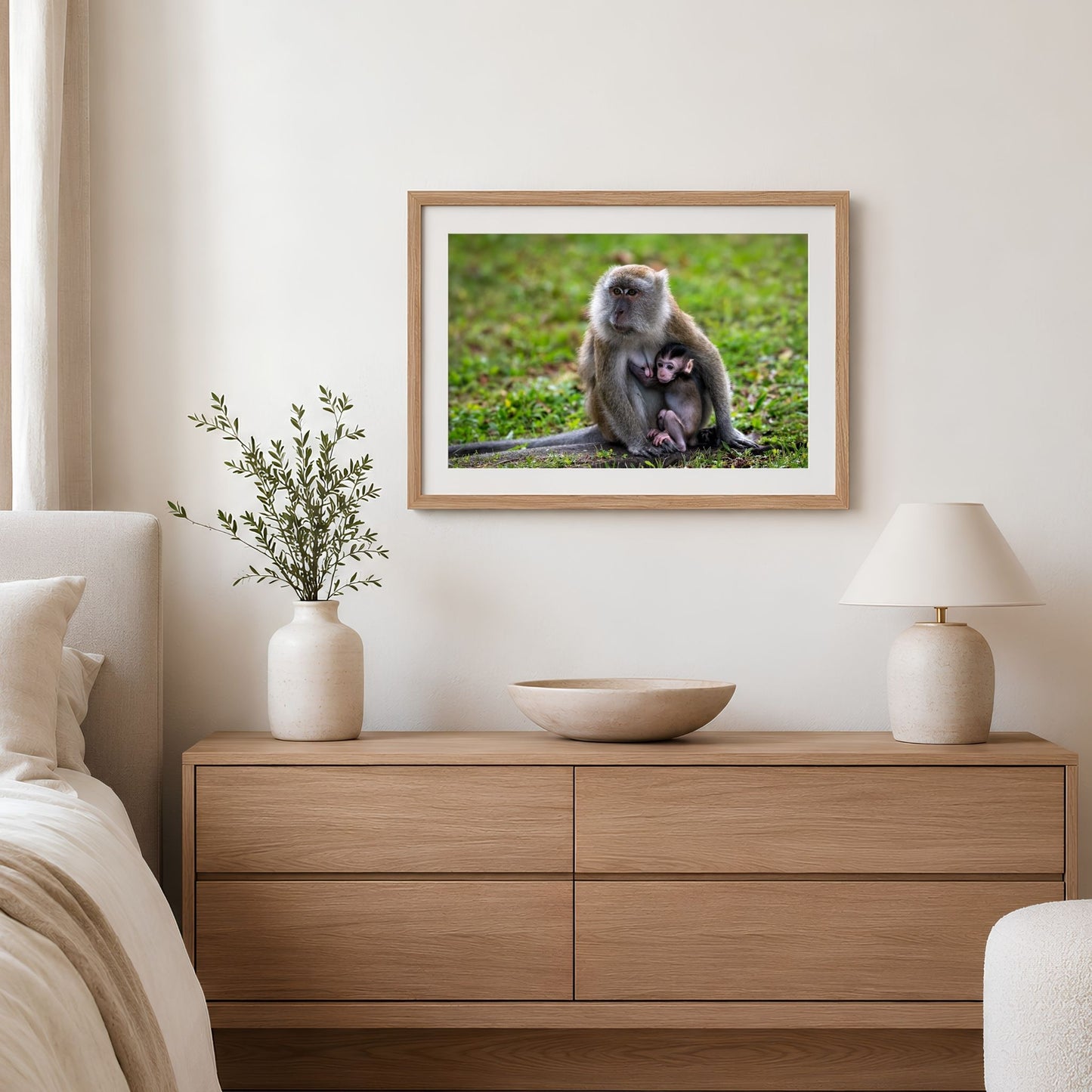 Framed Long-tailed Macaque mother and baby photography print on bedroom wall, Singapore wildlife wall art for nurseries and bedrooms