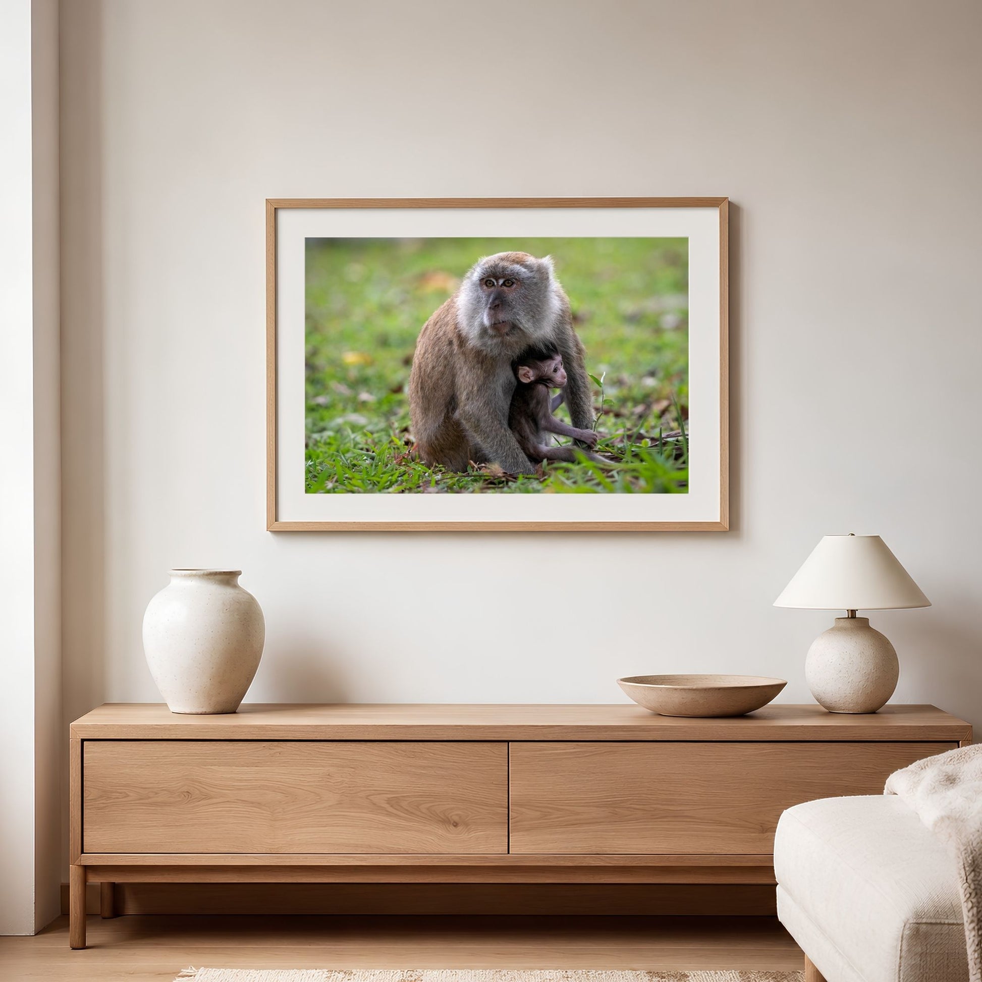 Long-tailed Macaque and curious infant fine art metal photography print, Singapore wildlife wall art by Linda Nee photography