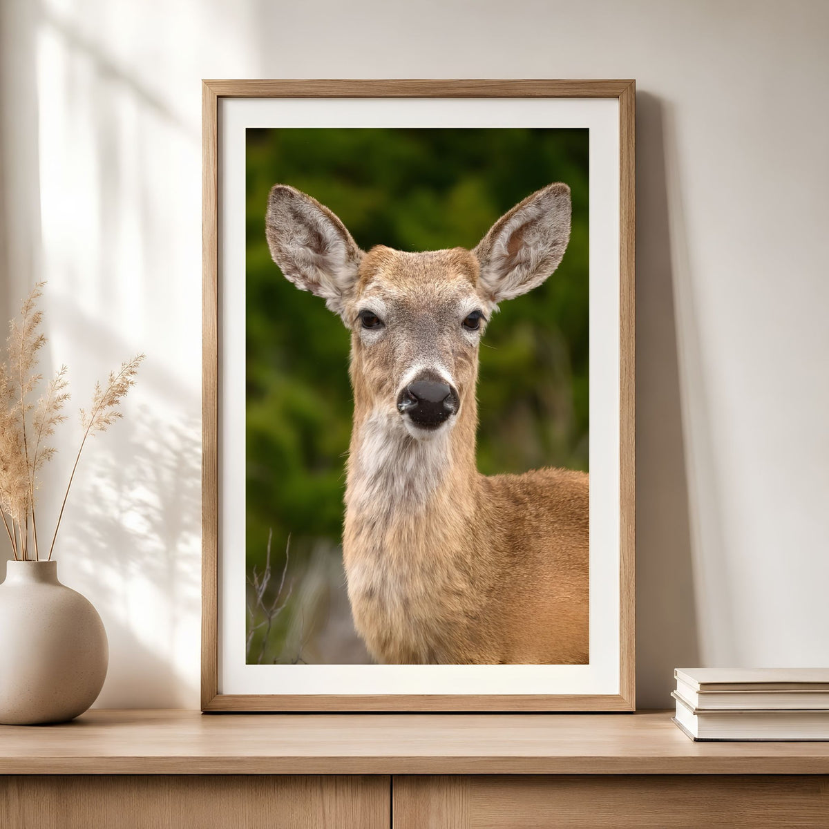 Framed picture of a deer on a wooden shelf with a vase and books in the background.