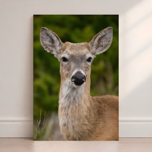 Close-up of a deer's face on a wall-mounted canvas