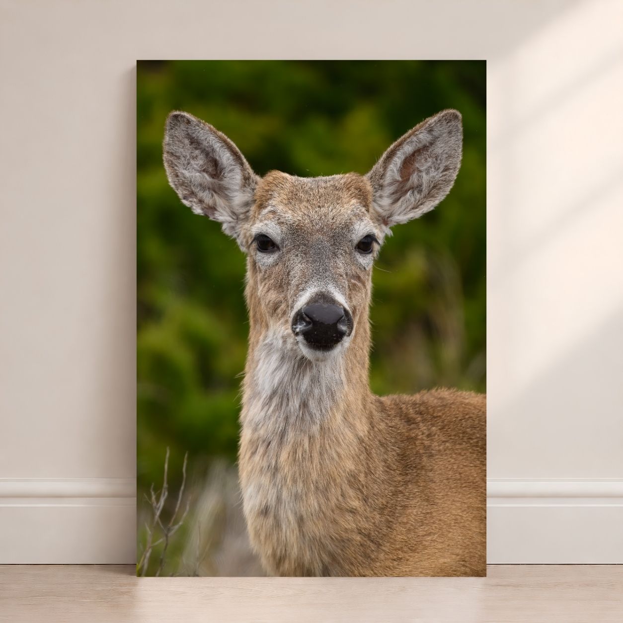 Canvas print of a deer's face on a wall.