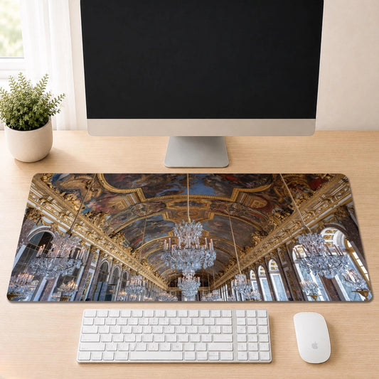 Hall of Mirrors desk mat featuring original Palace of Versailles photography by Linda Nee, shown beneath a white keyboard on a light wood desk.