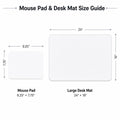 The image provides a size guide for a mouse pad and a large desk mat, with dimensions and corresponding images.