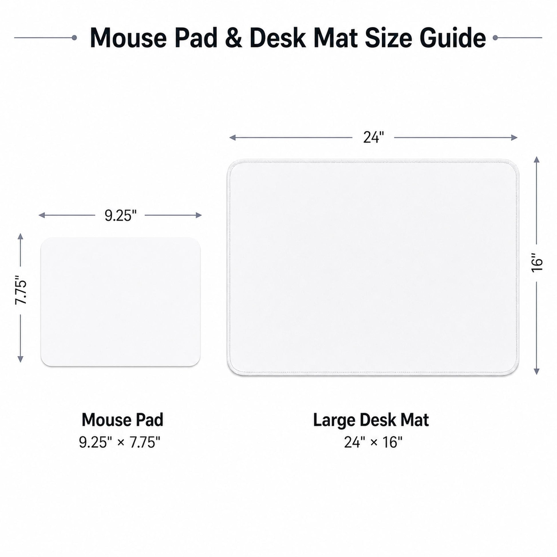 The image provides a size guide for a mouse pad and a large desk mat, with dimensions and corresponding images.