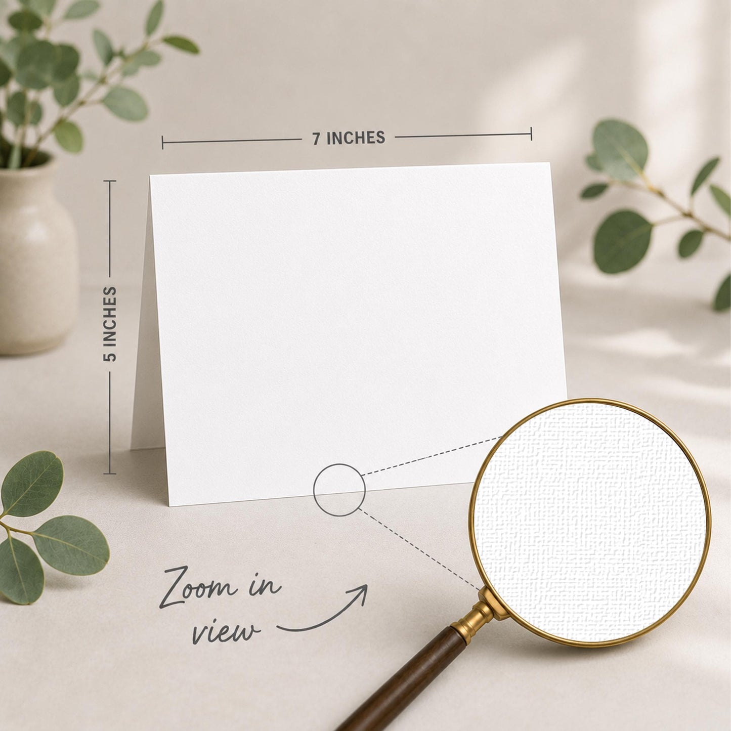 a blank white card placed on a table, with a magnifying glass nearby. The card is 5 inches wide and 7 inches tall, as indicated by the text "5 INCHES" and "7 INCHES" above and below the card, respectively. The magnifying glass is also shown in the image, with the text "Zoom in view" written below it.