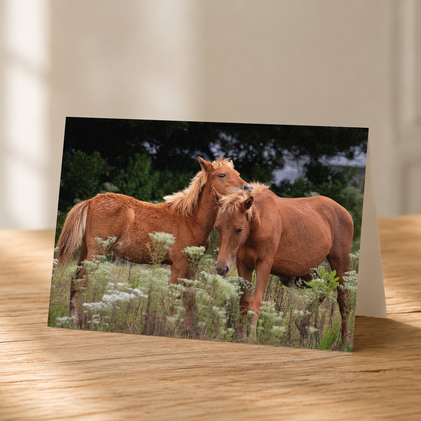 Two brown horses standing in a field of tall grass and wildflowers.