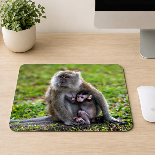 Long-tailed Macaque mother cradling her baby against her chest on the grass, printed on a mouse pad