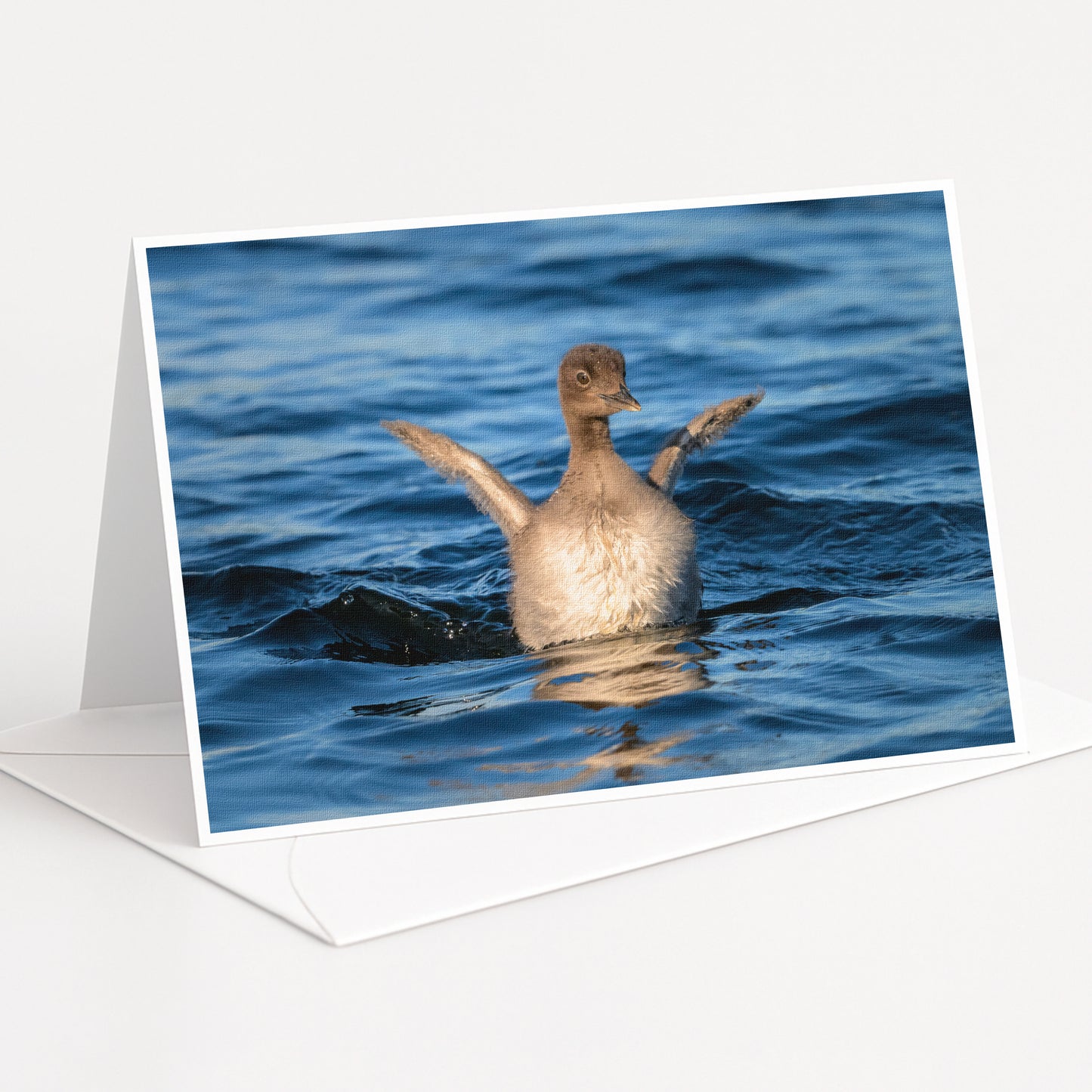 A duck swimming in the water with its wings spread wide.