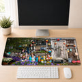 a computer monitor displaying a colorful collage of various objects, including a garden scene, a building, and a collection of colorful objects.