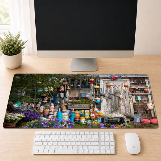 a computer monitor displaying a colorful collage of various objects, including a garden scene, a building, and a collection of colorful objects.