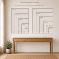 Size comparison chart for Linda Nee Photography showing available print sizes in two groups: 4x6, 8x12, 12x18, 16x24, and 20x30 on the left; 5x7, 8x10, 11x14, 16x20, 20x25, and 24x30 on the right. Displayed in a neutral room setting with a wood console table.