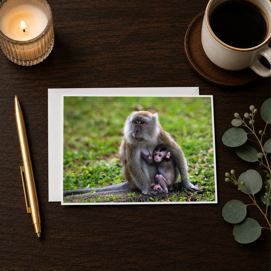 A greeting card featuring a photograph of a monkey sitting on the grass, with a baby monkey nestled next to it, is displayed on a wooden surface alongside a candle, pen, and coffee cup.