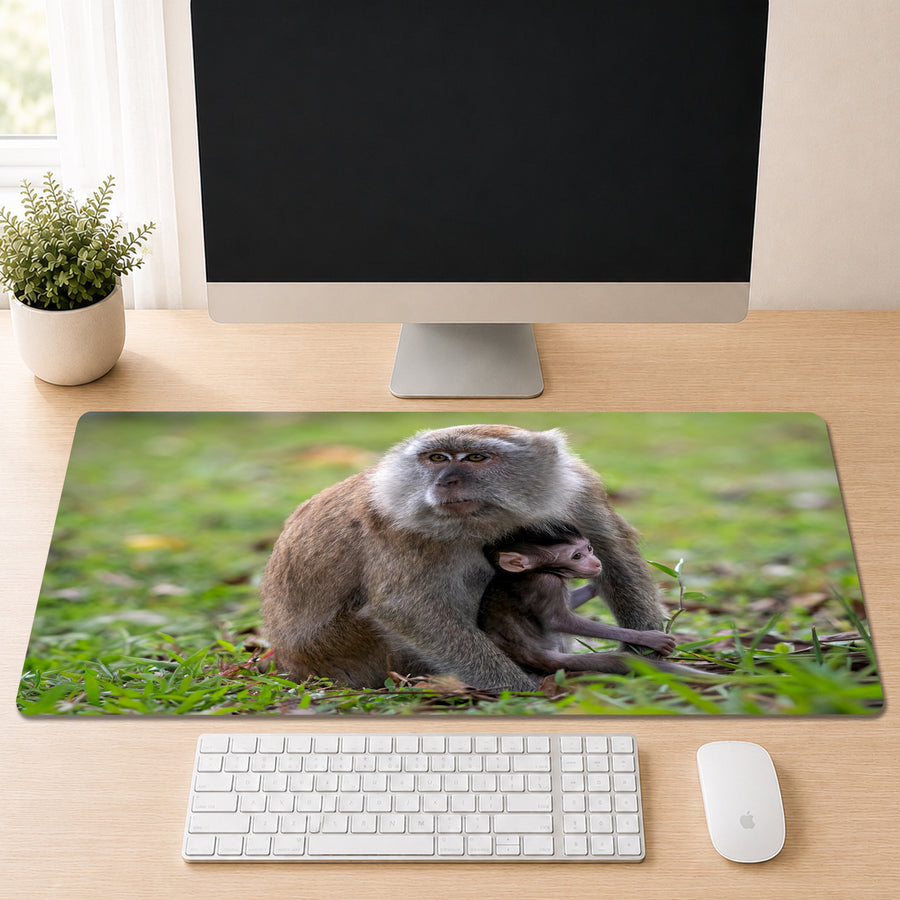 A computer monitor displaying a close-up image of a monkey sitting on the ground, with a keyboard and mouse in front of it.