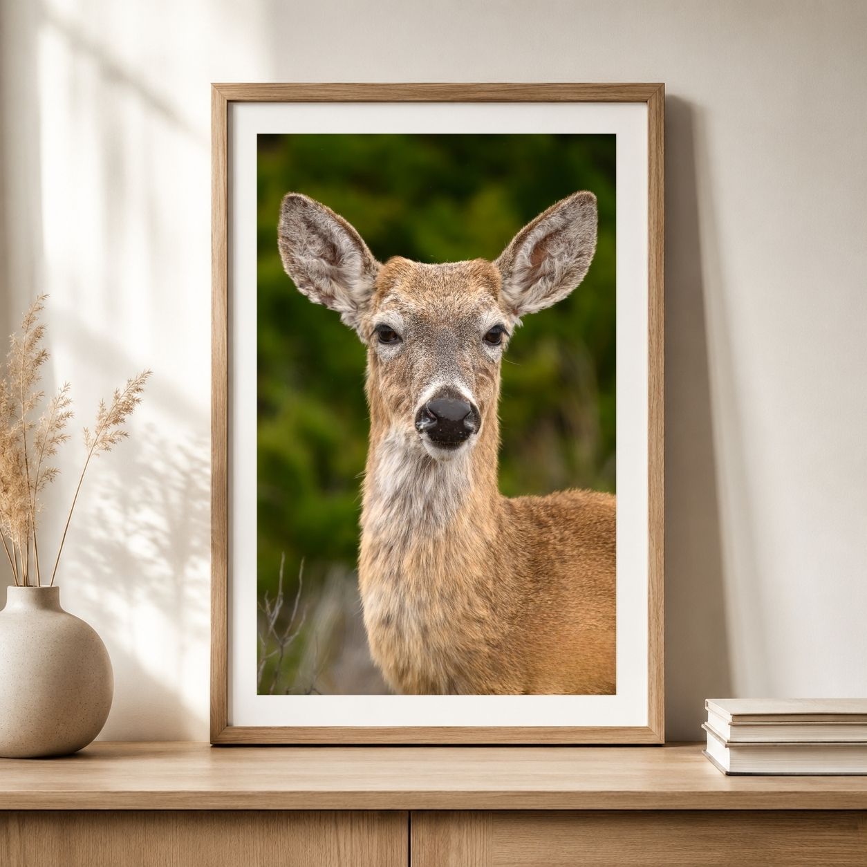 Framed picture of a deer on a wooden shelf with a vase and books in the background.