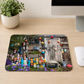 Weathered fishing shack covered in colorful lobster buoys, nets, and purple flowers in Rockport, Massachusetts, printed on a mouse pad