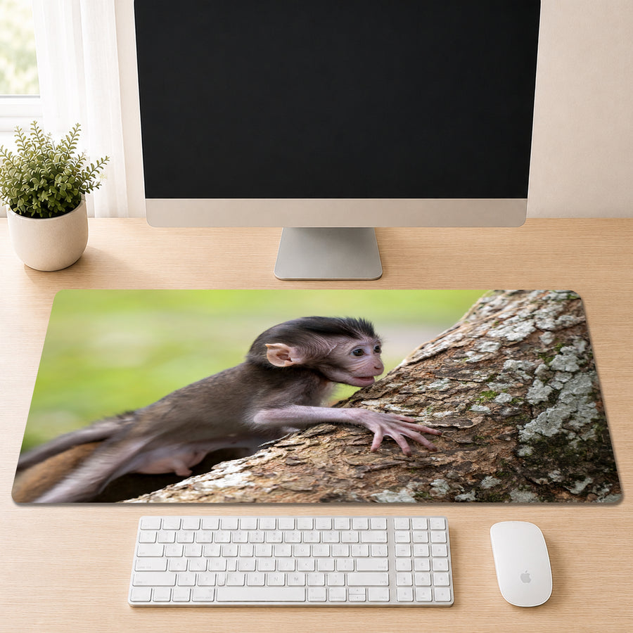 Baby macaque climbing a mossy tree branch with an outstretched hand, shown as a desk mat design on a wood desk