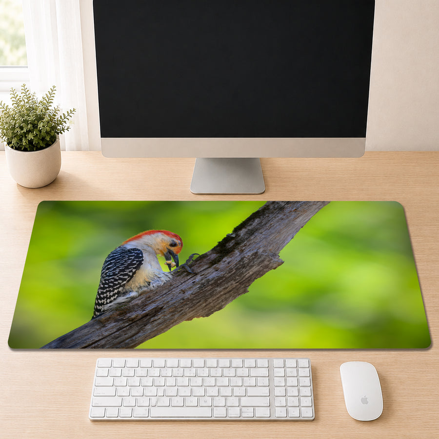 Red-bellied Woodpecker perched on a mossy branch holding a nut in its beak, shown as a desk mat design on a wood desk