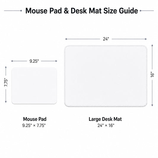 The image provides a size guide for a mouse pad and a large desk mat, with dimensions and corresponding images.