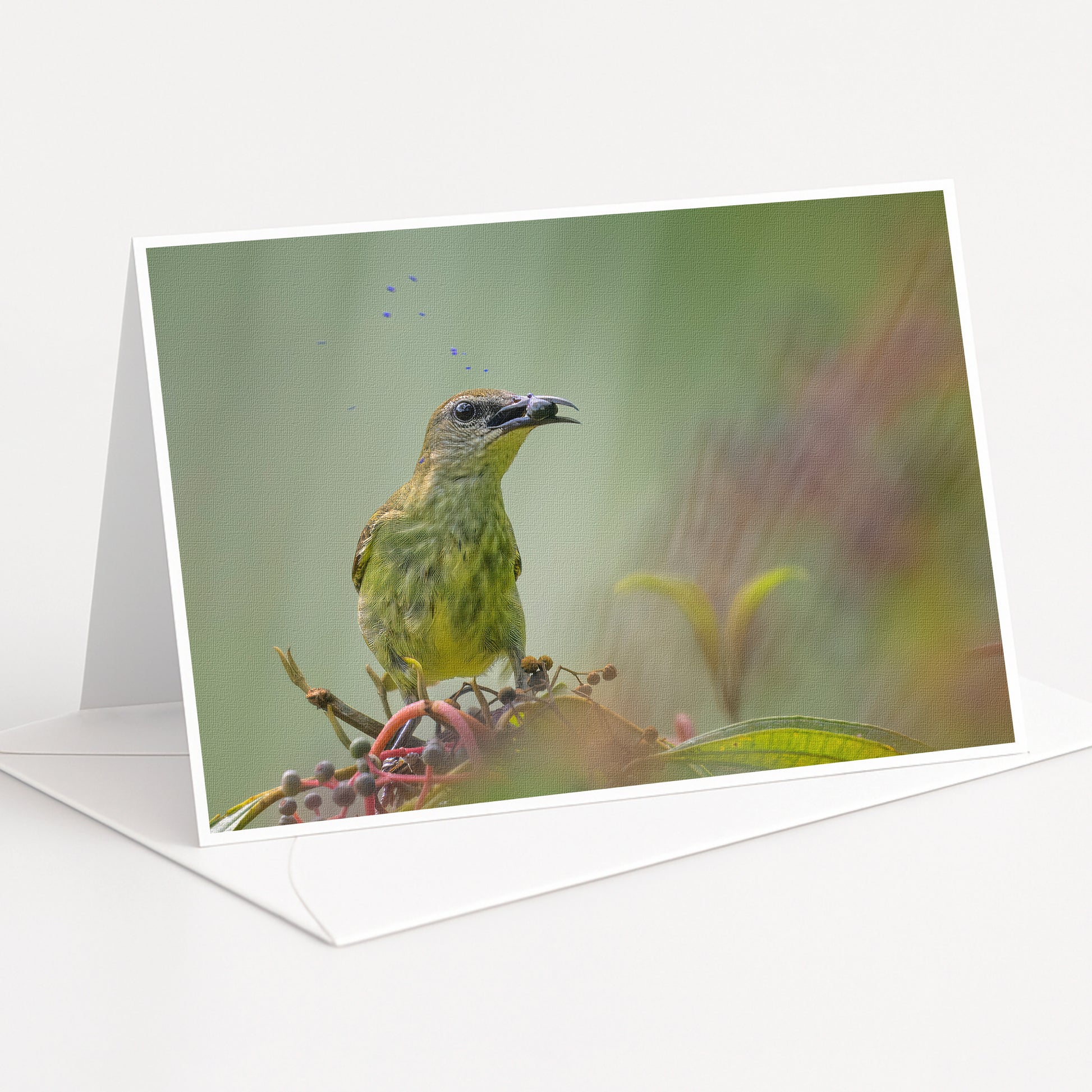 A green bird perched on a branch, surrounded by small purple flowers.